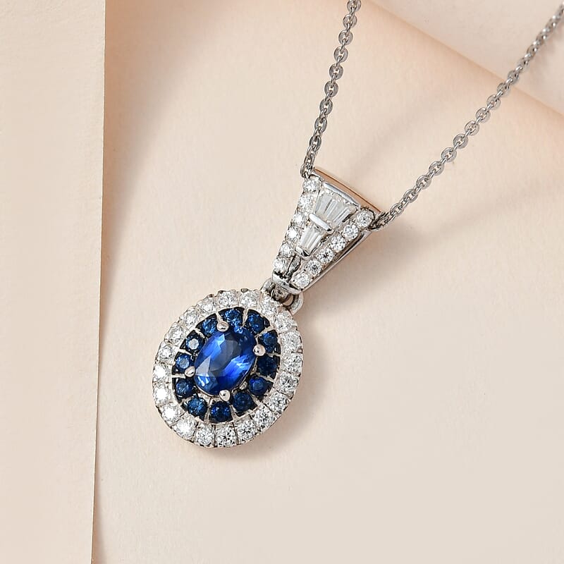 Ceylon Blue Sapphire and Moissanite Cocktail Pendant Necklace 20 Inches in Platinum Over Sterling Silver 1.35 ctw