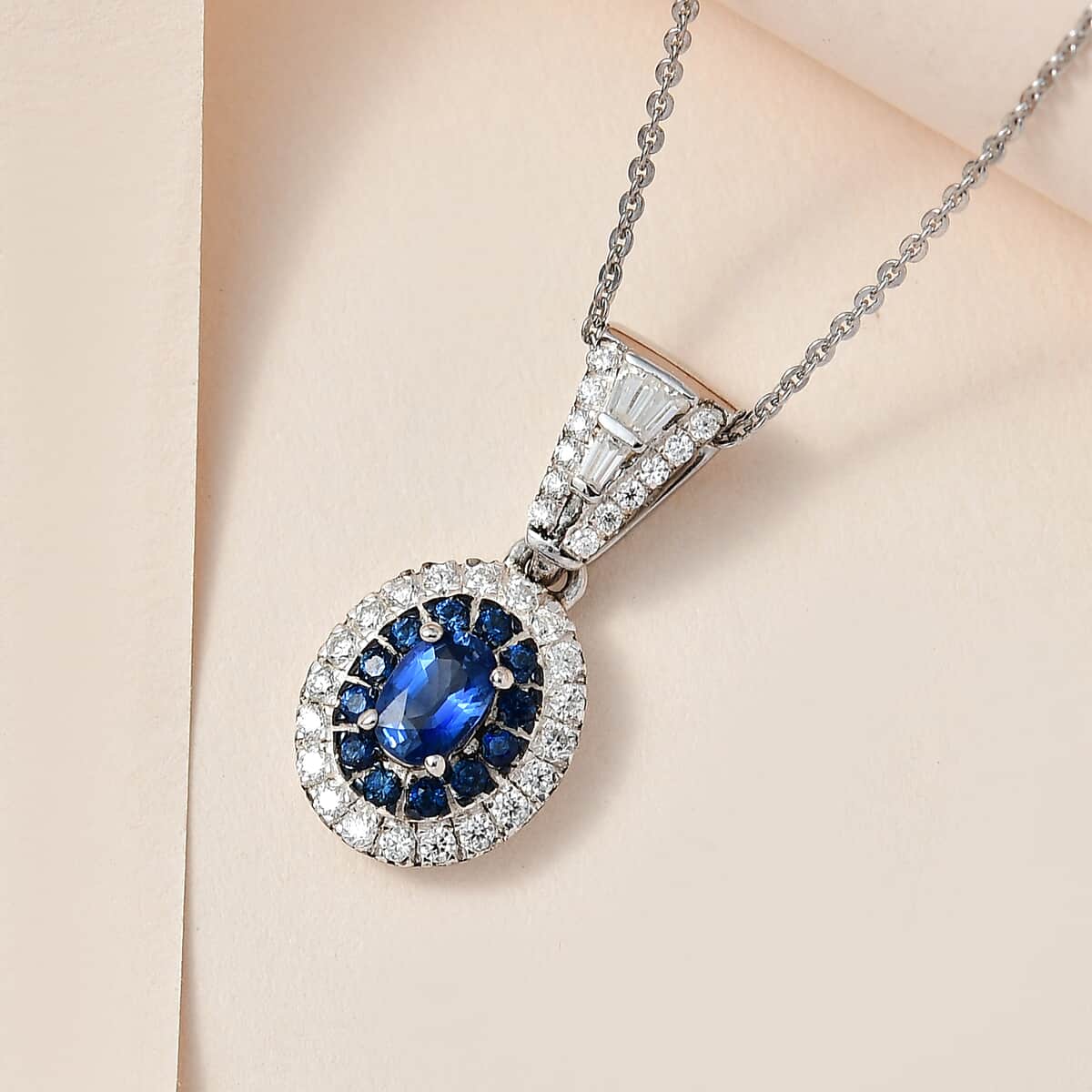 Ceylon Blue Sapphire and Moissanite Cocktail Pendant Necklace 20 Inches in Platinum Over Sterling Silver 1.35 ctw image number 1