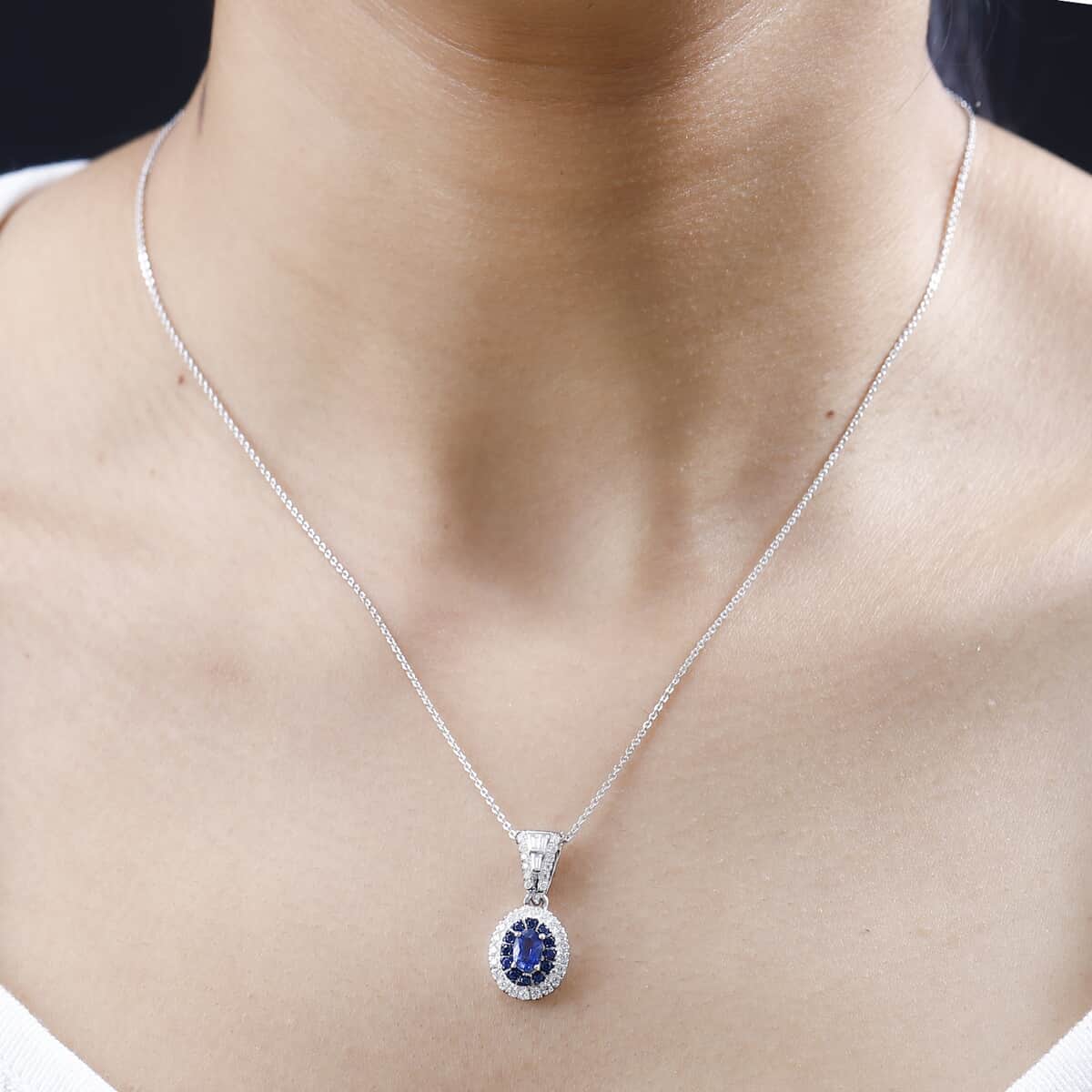 Ceylon Blue Sapphire and Moissanite Cocktail Pendant Necklace 20 Inches in Platinum Over Sterling Silver 1.35 ctw image number 2
