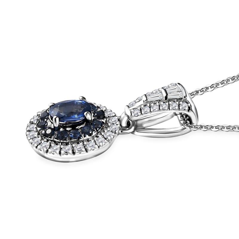 Ceylon Blue Sapphire and Moissanite Cocktail Pendant Necklace 20 Inches in Platinum Over Sterling Silver 1.35 ctw