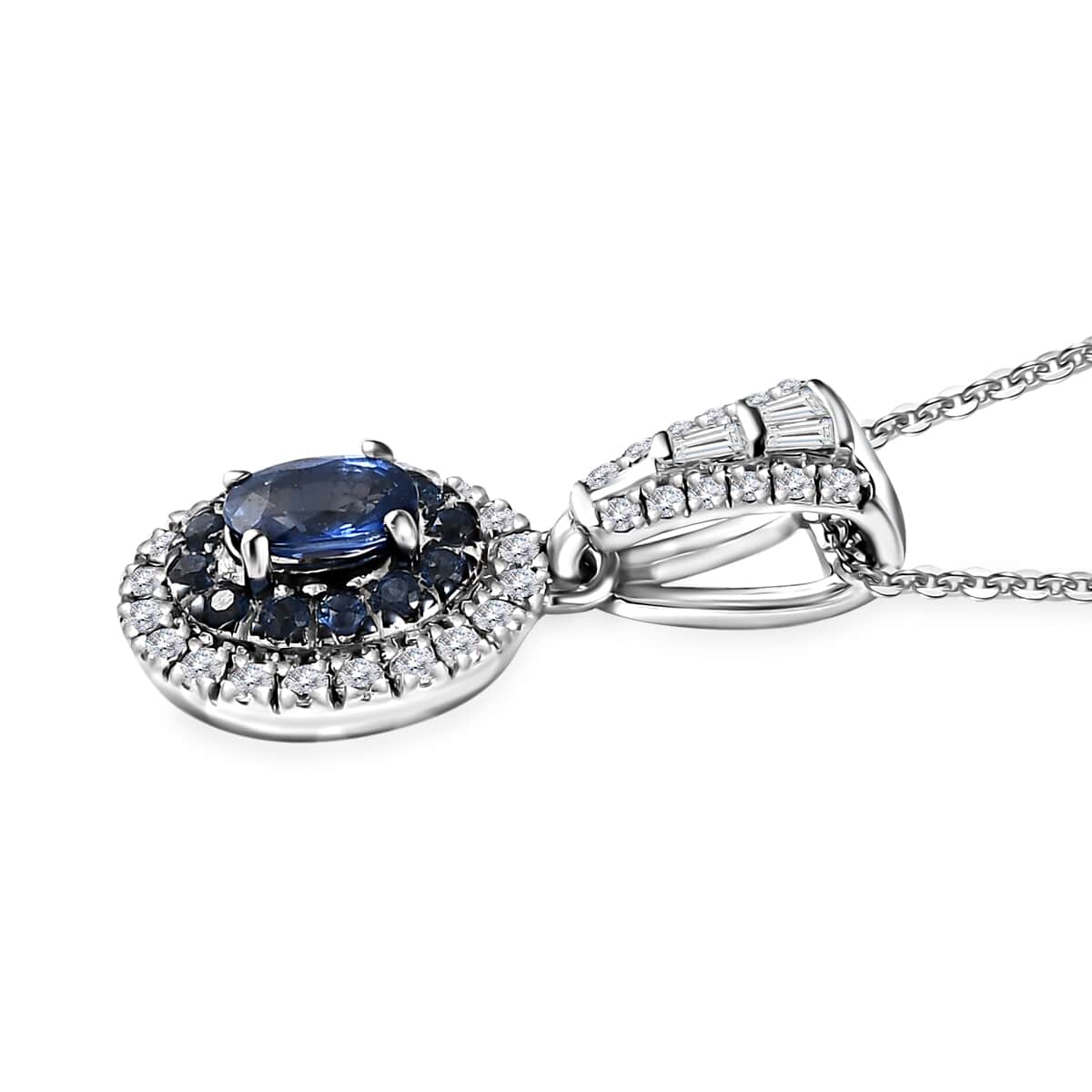 Ceylon Blue Sapphire and Moissanite Cocktail Pendant Necklace 20 Inches in Platinum Over Sterling Silver 1.35 ctw image number 3