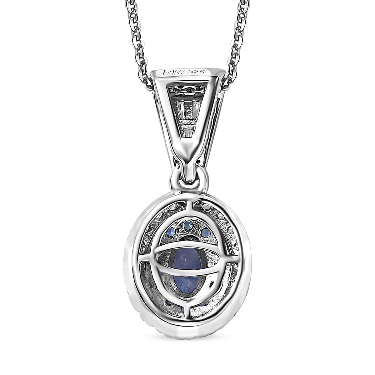 TLV Ceylon Blue Sapphire, Moissanite Halo Pendant Necklace (20 Inches) in Platinum Over Sterling Silver 1.35 ctw