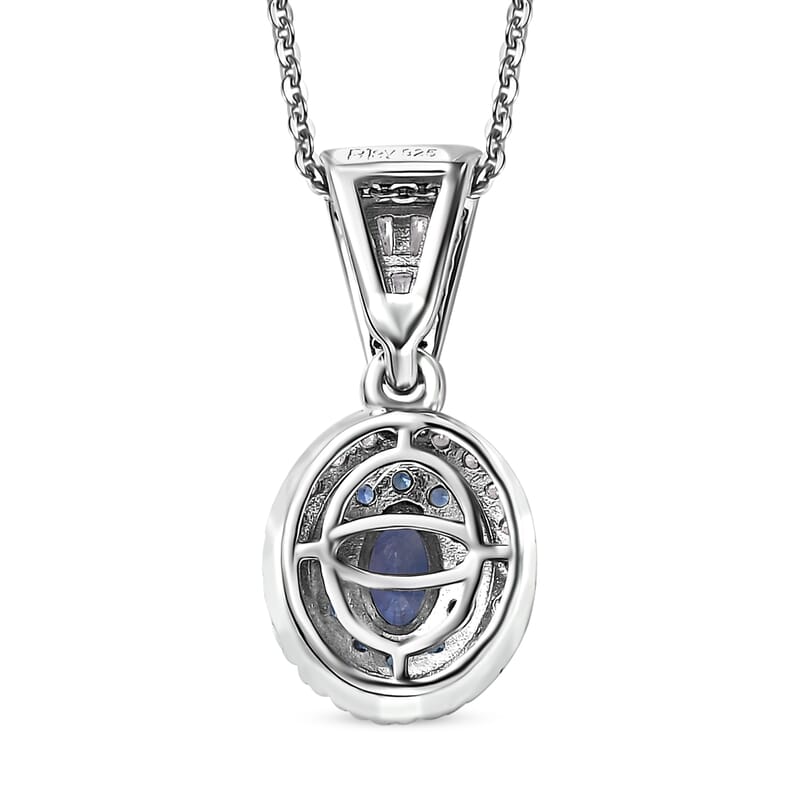 Ceylon Blue Sapphire and Moissanite Cocktail Pendant Necklace 20 Inches in Platinum Over Sterling Silver 1.35 ctw