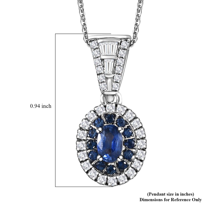 Ceylon Blue Sapphire and Moissanite Cocktail Pendant Necklace 20 Inches in Platinum Over Sterling Silver 1.35 ctw