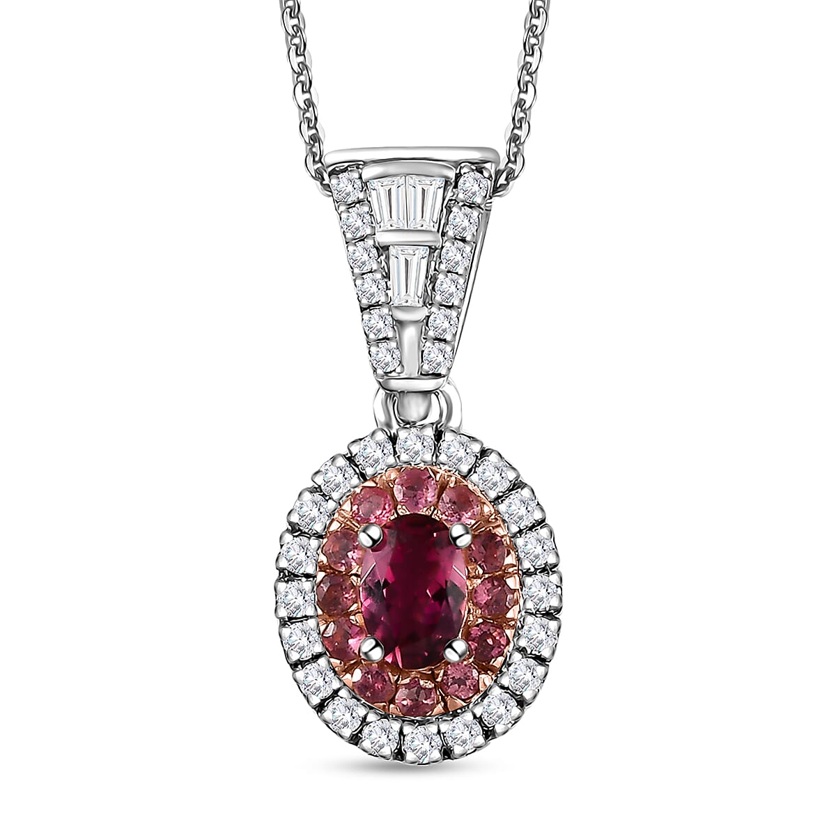 Ouro Fino Rubellite and Moissanite Cocktail Pendant Necklace 20 Inches in Platinum Over Sterling Silver 1.10 ctw
