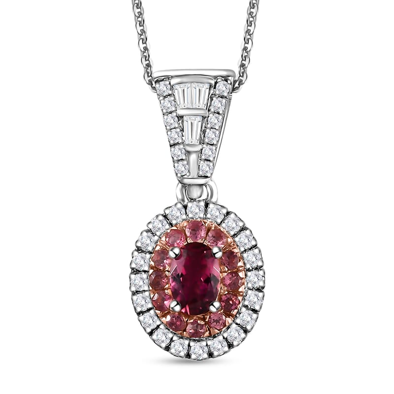 Ouro Fino Rubellite and Moissanite Cocktail Pendant Necklace 20 Inches in Platinum Over Sterling Silver 1.10 ctw