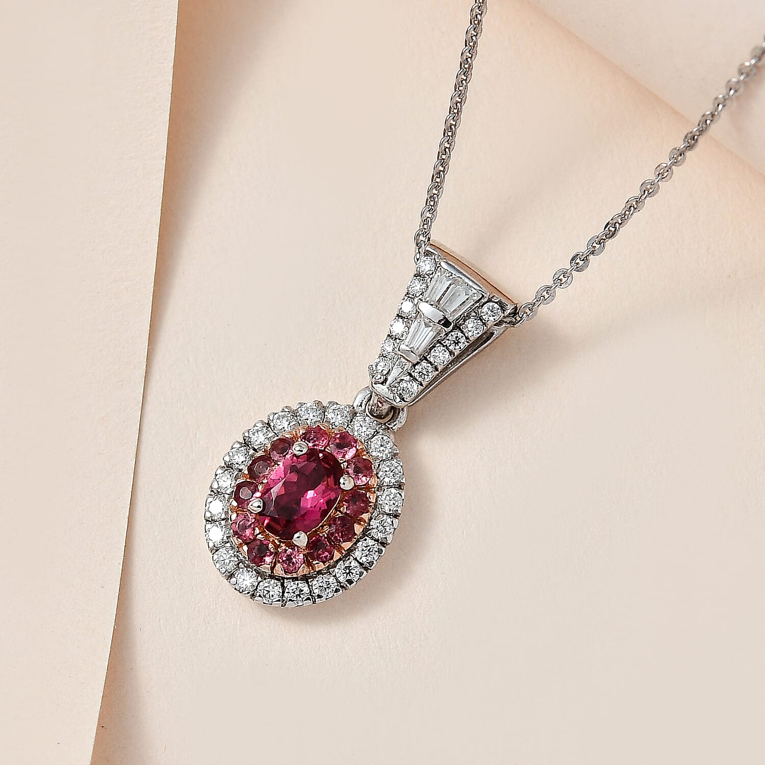 Ouro Fino Rubellite and Moissanite Cocktail Pendant Necklace 20 Inches in Platinum Over Sterling Silver 1.10 ctw