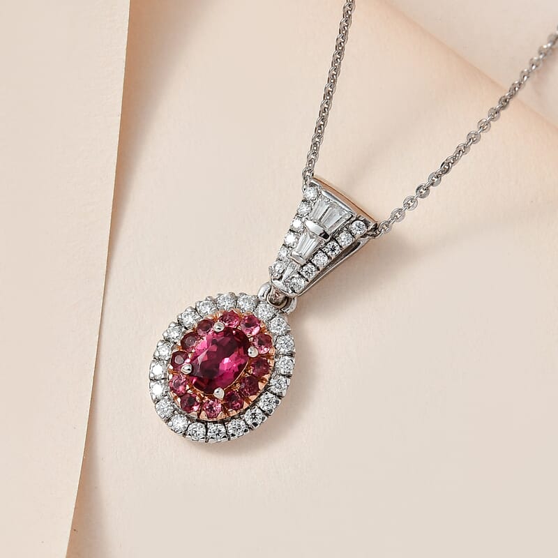 Ouro Fino Rubellite and Moissanite Cocktail Pendant Necklace 20 Inches in Platinum Over Sterling Silver 1.10 ctw