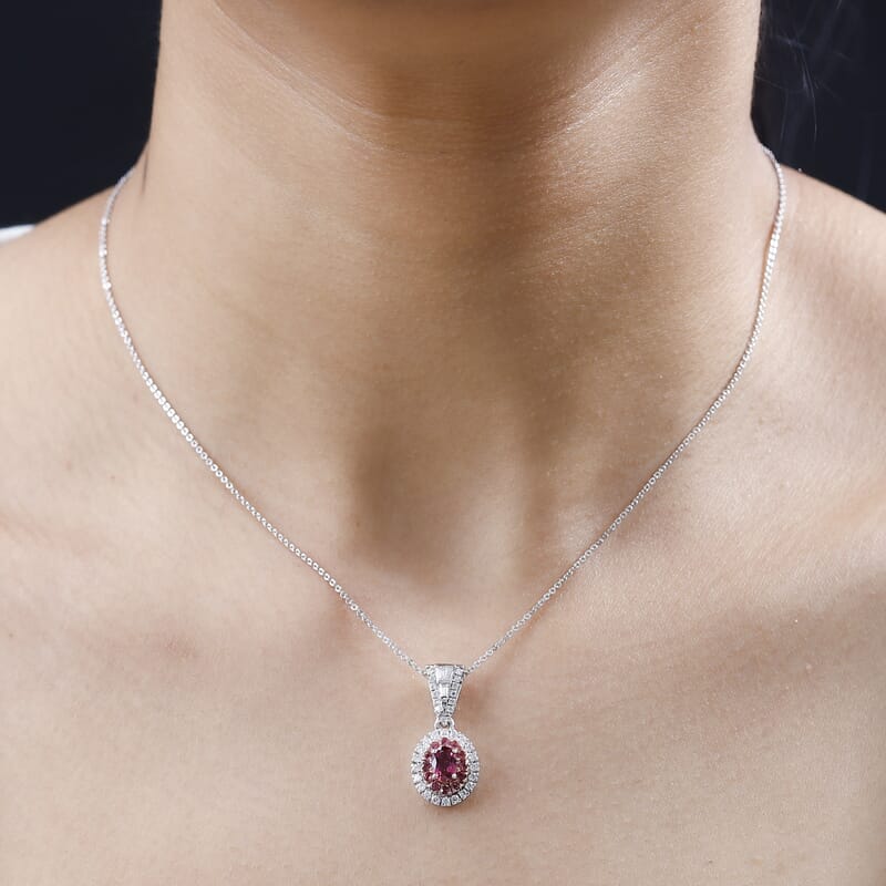 Ouro Fino Rubellite and Moissanite Cocktail Pendant Necklace 20 Inches in Platinum Over Sterling Silver 1.10 ctw