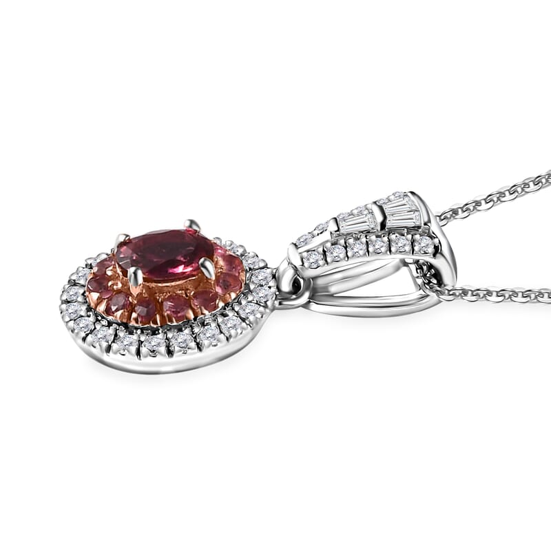 Ouro Fino Rubellite and Moissanite Cocktail Pendant Necklace 20 Inches in Platinum Over Sterling Silver 1.10 ctw