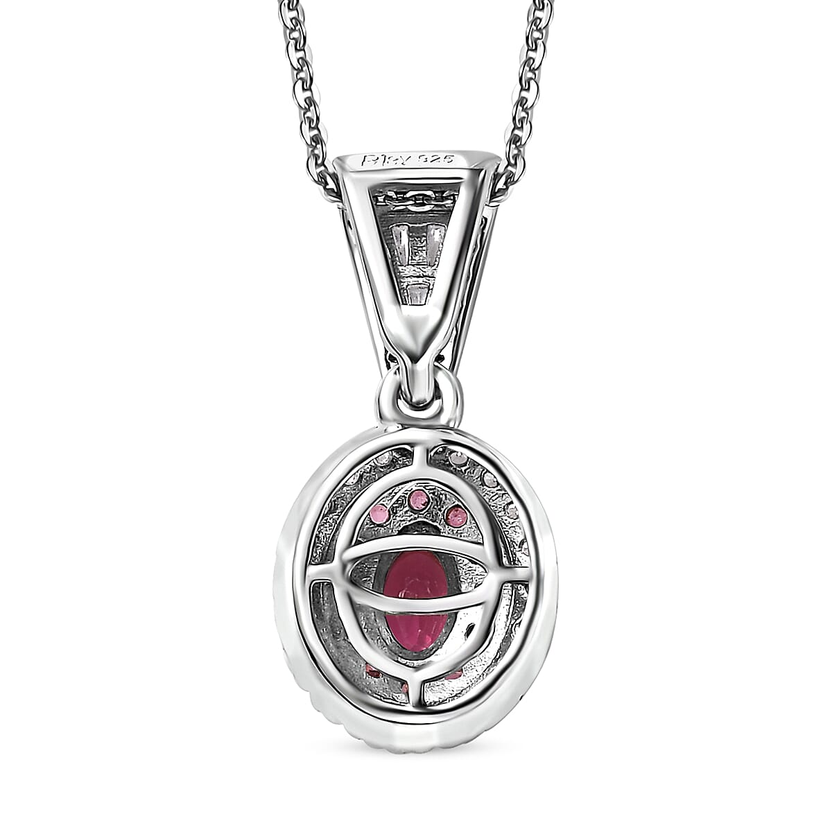 Ouro Fino Rubellite and Moissanite Cocktail Pendant Necklace 20 Inches in Platinum Over Sterling Silver 1.10 ctw