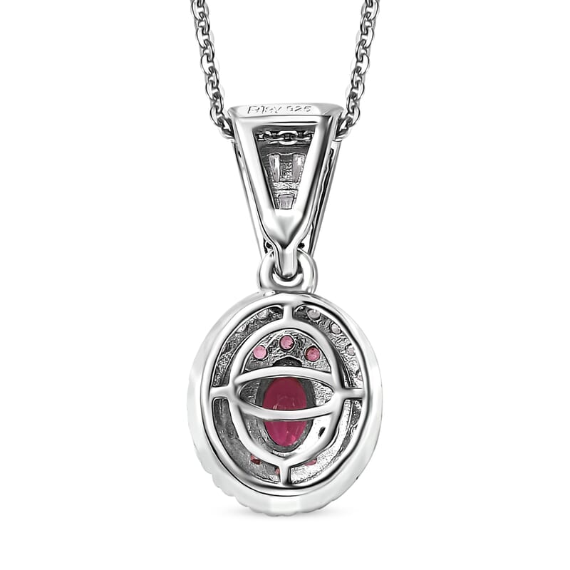 Ouro Fino Rubellite and Moissanite Cocktail Pendant Necklace 20 Inches in Platinum Over Sterling Silver 1.10 ctw
