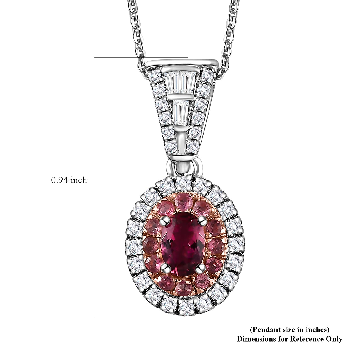 Ouro Fino Rubellite and Moissanite Cocktail Pendant Necklace 20 Inches in Platinum Over Sterling Silver 1.10 ctw