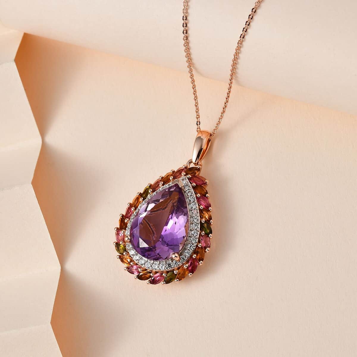 Rose De France Amethyst and Multi Gemstone 12.90 ctw Pendant Necklace in Vermeil Rose Gold Over Sterling Silver 20 Inches image number 1