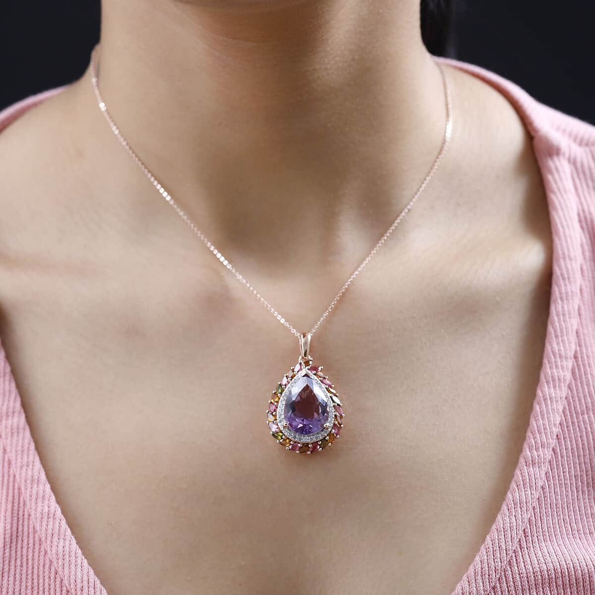 Rose De France Amethyst and Multi Gemstone 12.90 ctw Pendant Necklace in Vermeil Rose Gold Over Sterling Silver 20 Inches image number 2