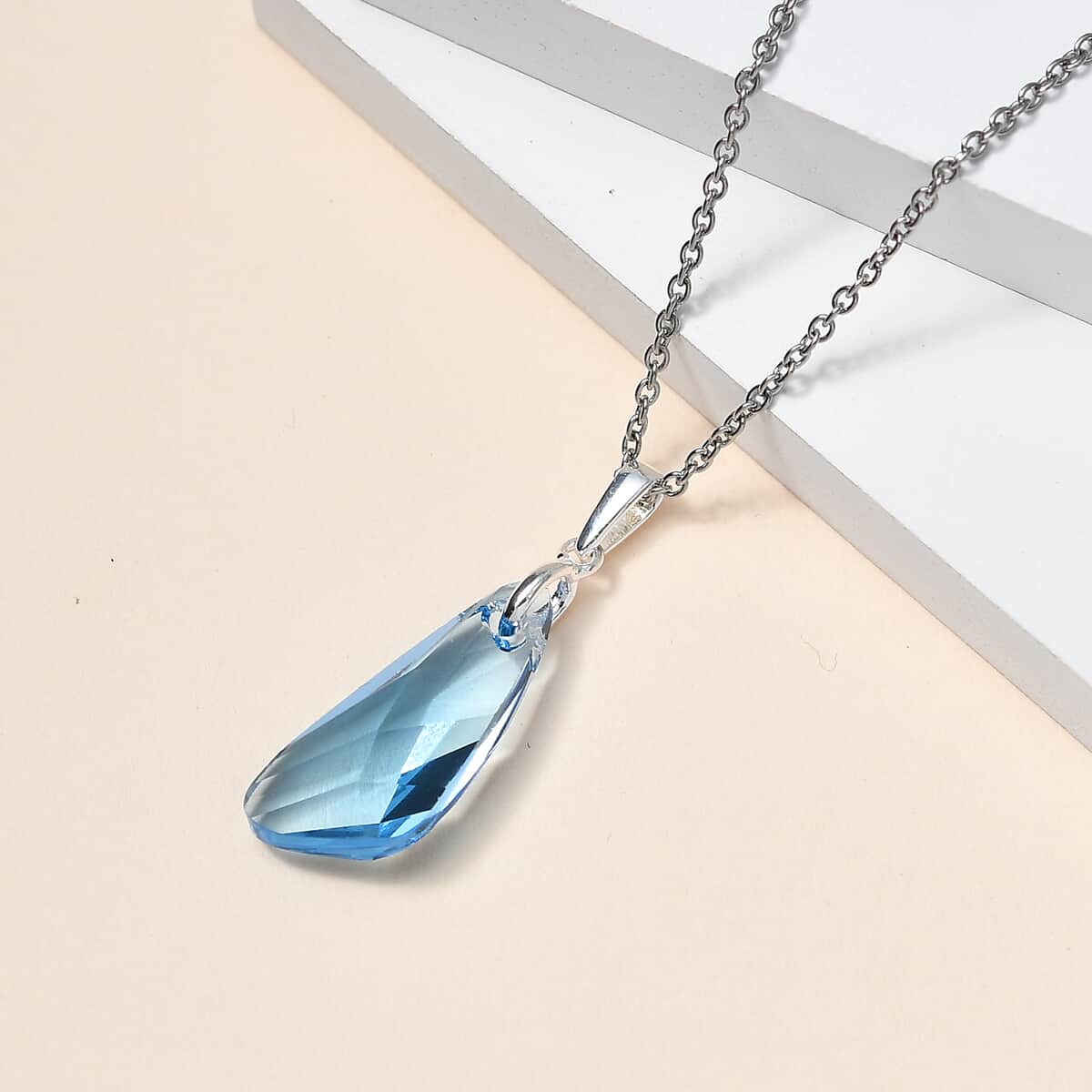 Aquamarine Crystal Pendant in Sterling Silver with Stainless Steel Necklace 20 Inches image number 1