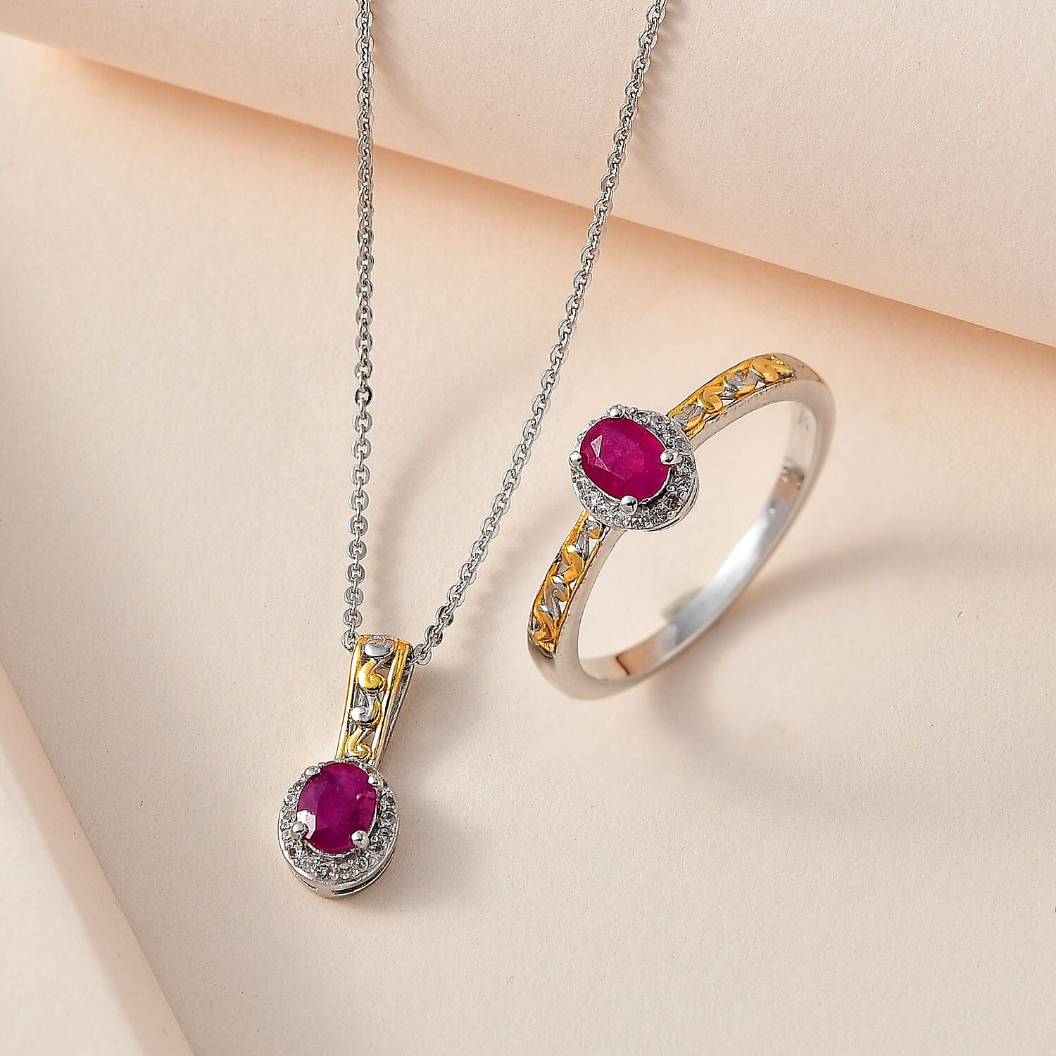 Premium Montepuez Ruby and White Zircon 1.10 ctw Halo Ring (Size 6.0) and Pendant Necklace 20 Inches in Vermeil YG and Platinum Over Sterling Silver