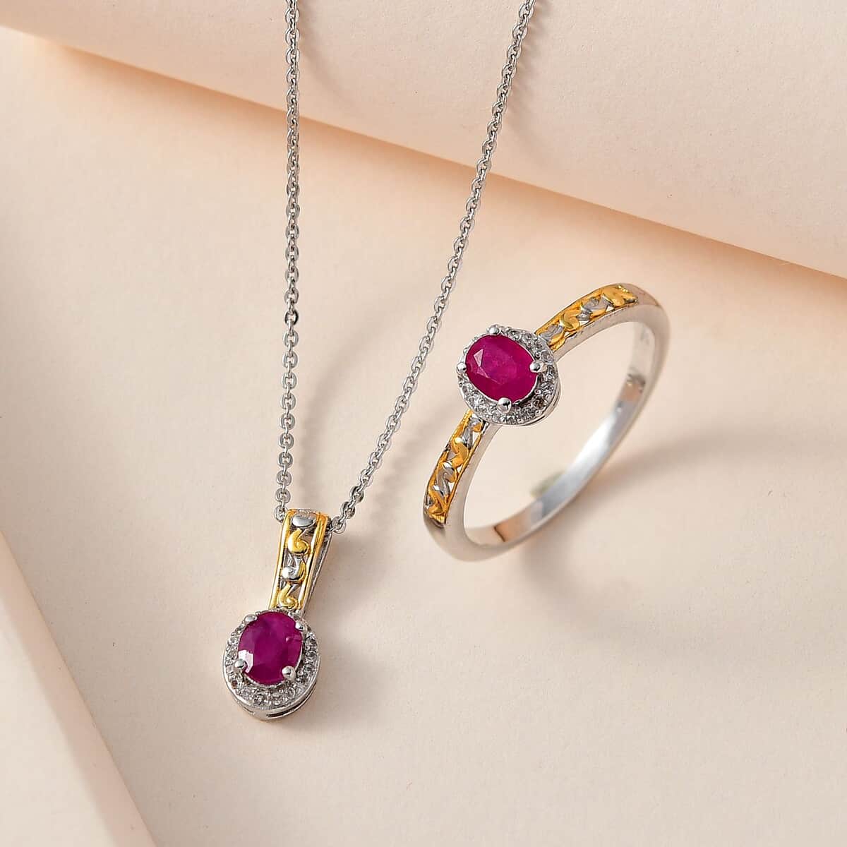 Premium Montepuez Ruby, White Zircon Halo Ring (Size 8.0) and Pendant Necklace (20 Inches) in Vermeil YG and Platinum Over Sterling Silver 1.10 ctw image number 1