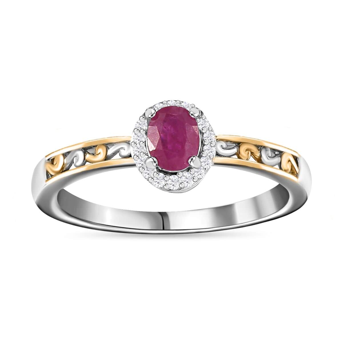 Premium Montepuez Ruby, White Zircon Halo Ring (Size 8.0) and Pendant Necklace (20 Inches) in Vermeil YG and Platinum Over Sterling Silver 1.10 ctw image number 3