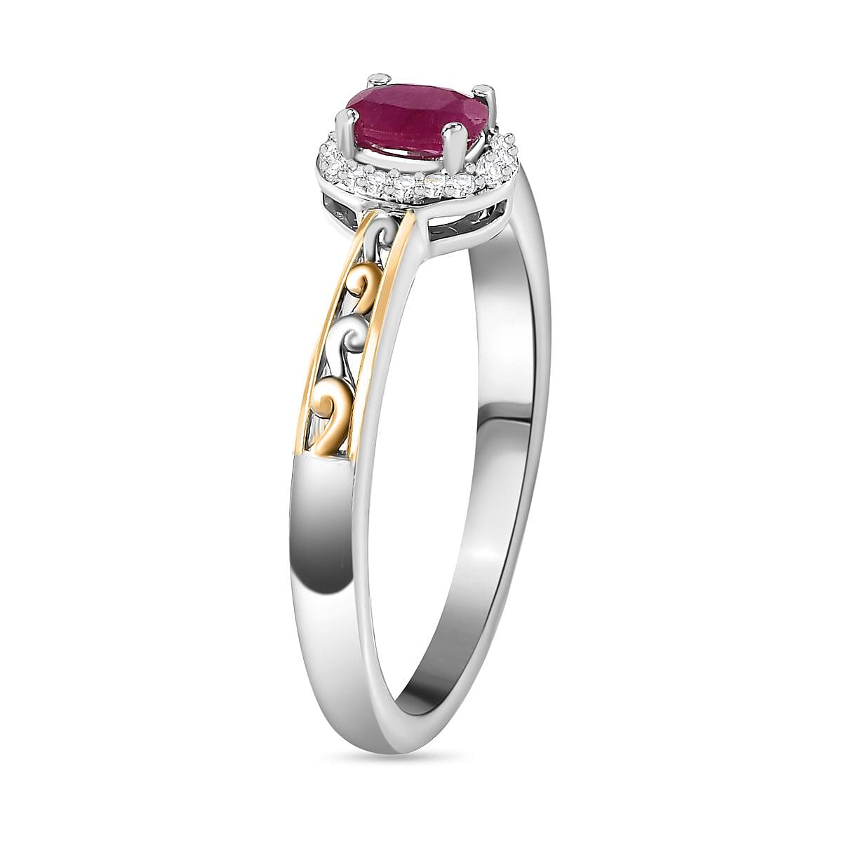 Premium Montepuez Ruby and White Zircon 1.10 ctw Halo Ring (Size 6.0) and Pendant Necklace 20 Inches in Vermeil YG and Platinum Over Sterling Silver