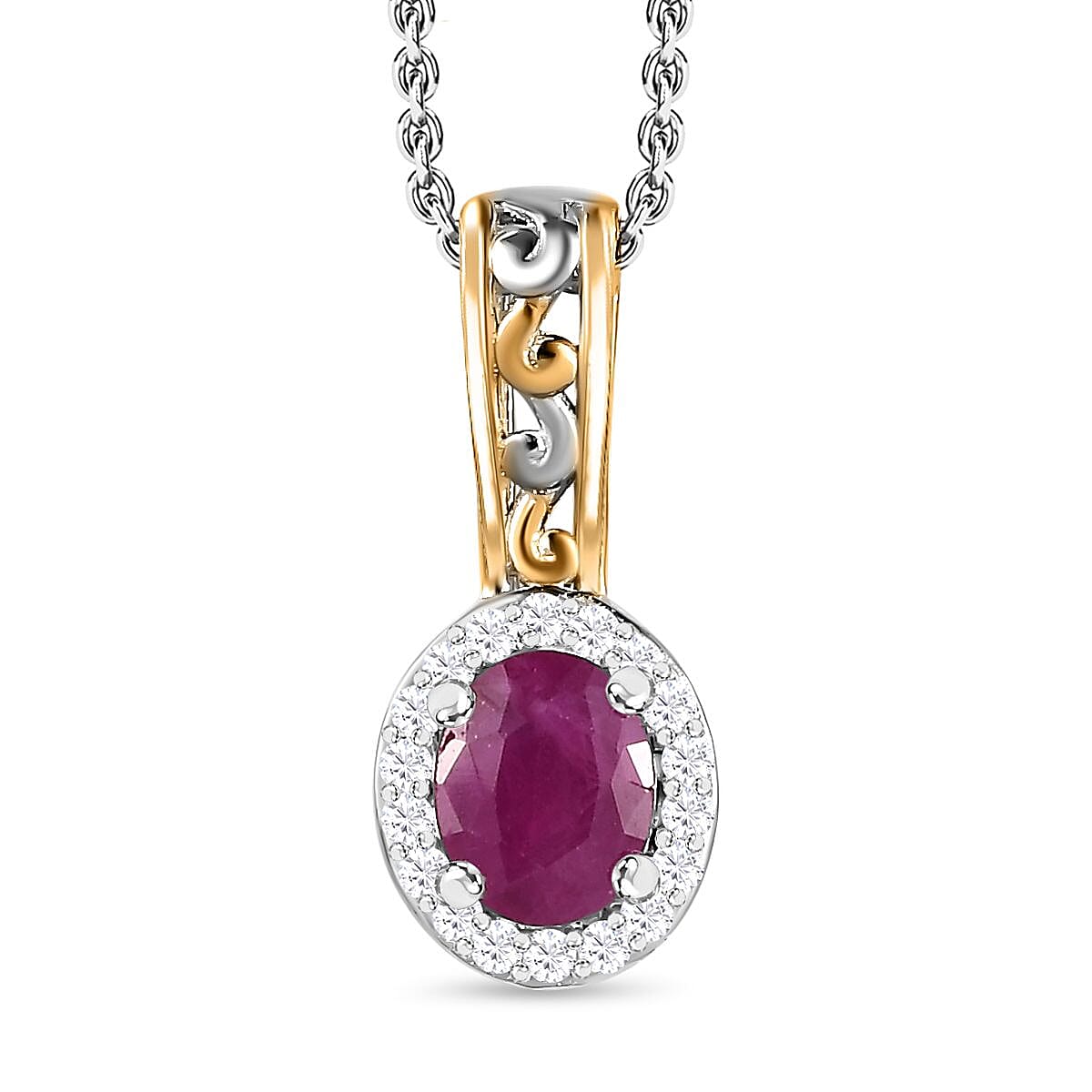 Premium Montepuez Ruby and White Zircon 1.10 ctw Halo Ring (Size 6.0) and Pendant Necklace 20 Inches in Vermeil YG and Platinum Over Sterling Silver