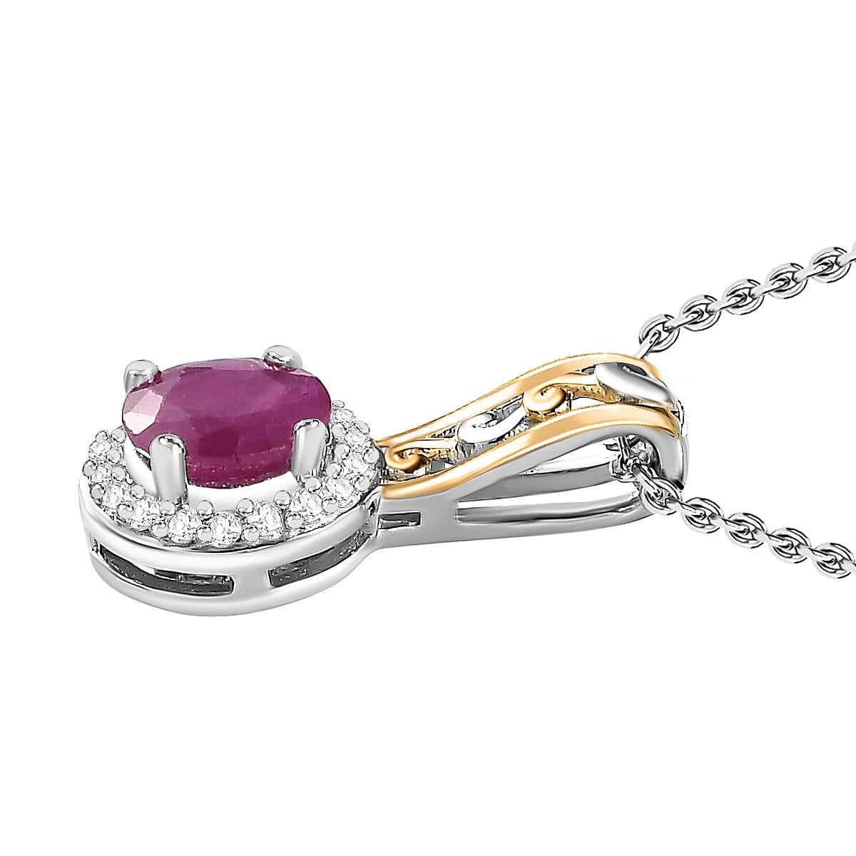 Premium Montepuez Ruby and White Zircon 1.10 ctw Halo Ring (Size 6.0) and Pendant Necklace 20 Inches in Vermeil YG and Platinum Over Sterling Silver