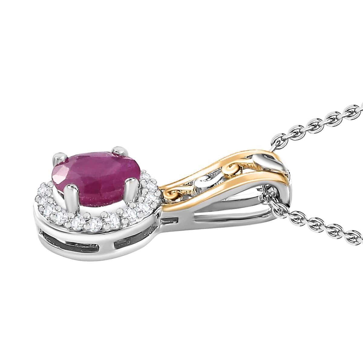 Premium Montepuez Ruby, White Zircon Halo Ring (Size 8.0) and Pendant Necklace (20 Inches) in Vermeil YG and Platinum Over Sterling Silver 1.10 ctw image number 7