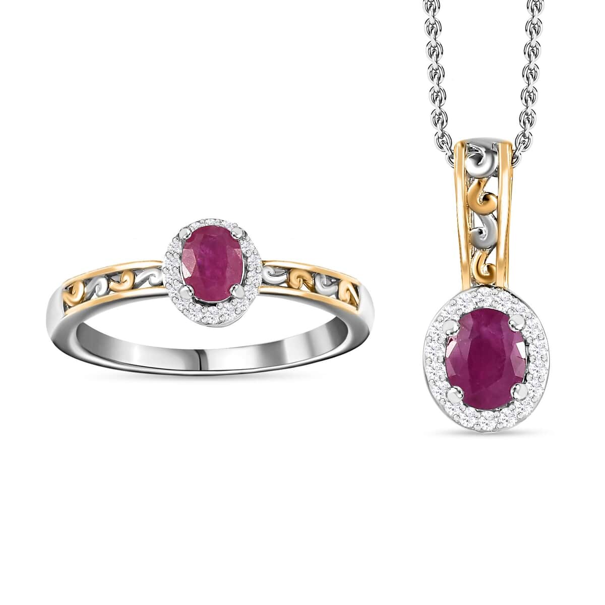 Premium Montepuez Ruby and White Zircon 1.10 ctw Halo Ring (Size 10.0) and Pendant Necklace in Vermeil YG and Platinum Over Sterling Silver 20 Inches image number 0