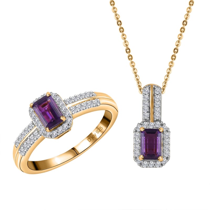 African Amethyst, White Zircon Halo Ring (Size 5.0) and Pendant Necklace 20 Inches in Vermeil Yellow Gold Over Sterling Silver 1.70 ctw