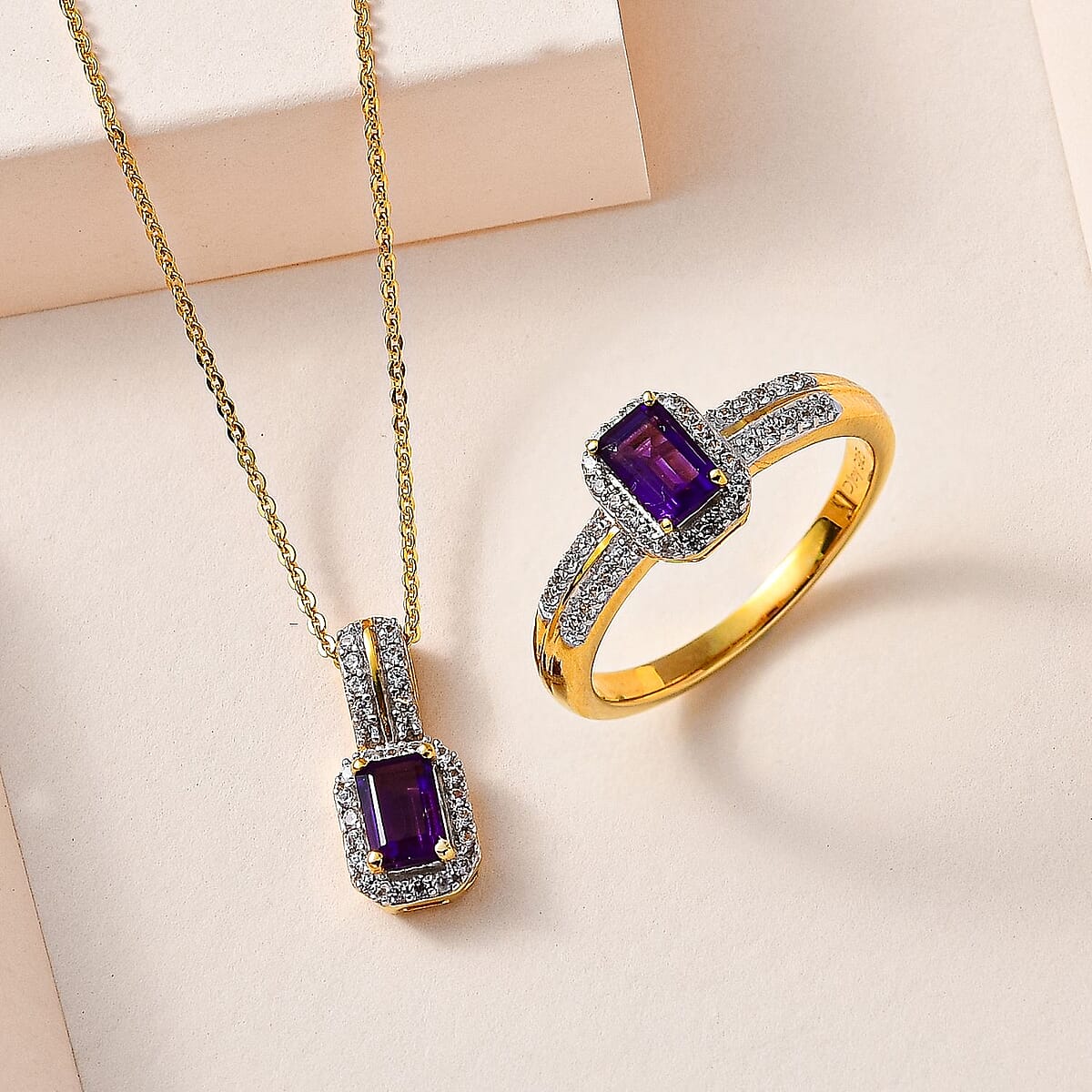 African Amethyst, White Zircon Halo Ring (Size 5.0) and Pendant Necklace 20 Inches in Vermeil Yellow Gold Over Sterling Silver 1.70 ctw image number 1
