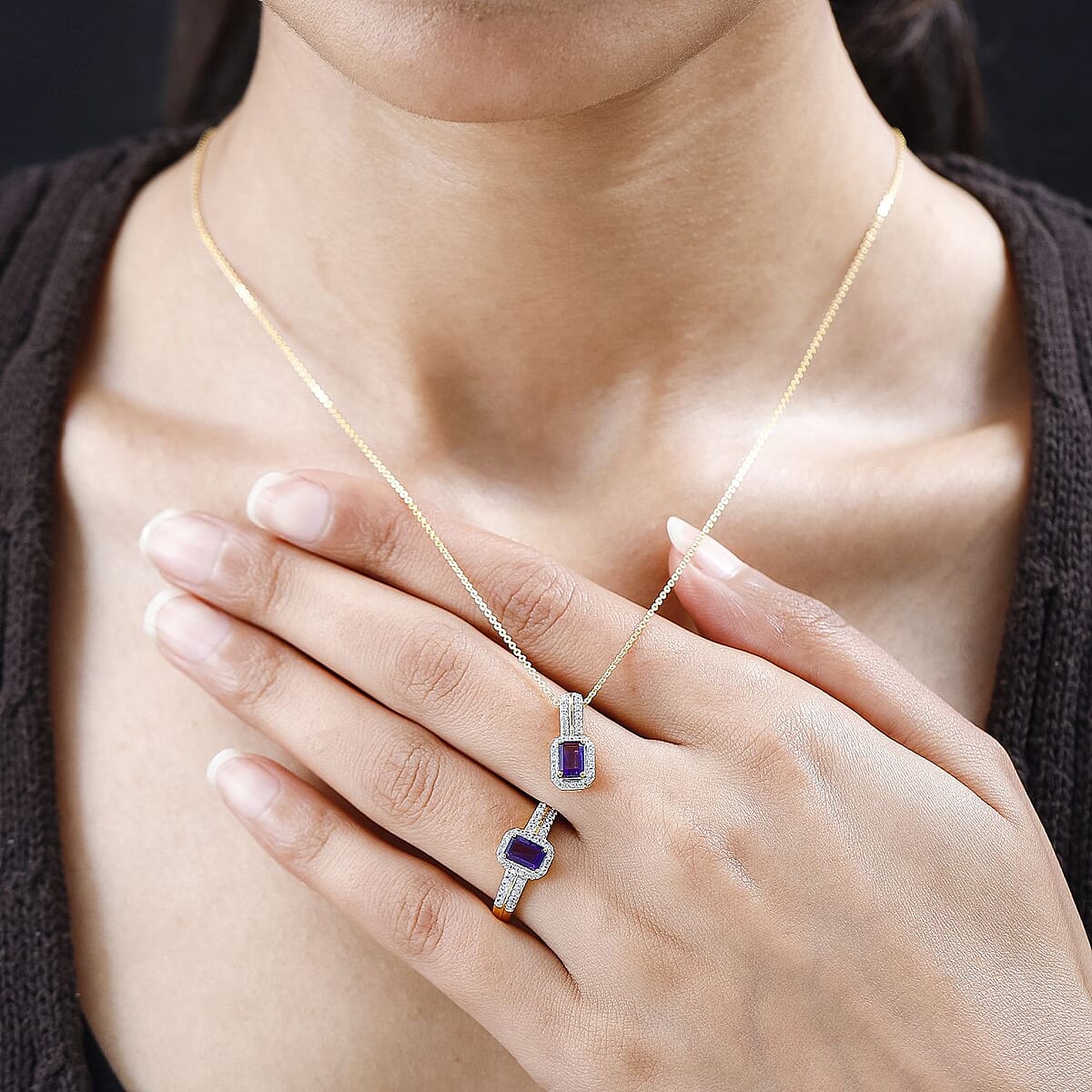 African Amethyst, White Zircon Halo Ring (Size 5.0) and Pendant Necklace 20 Inches in Vermeil Yellow Gold Over Sterling Silver 1.70 ctw image number 2