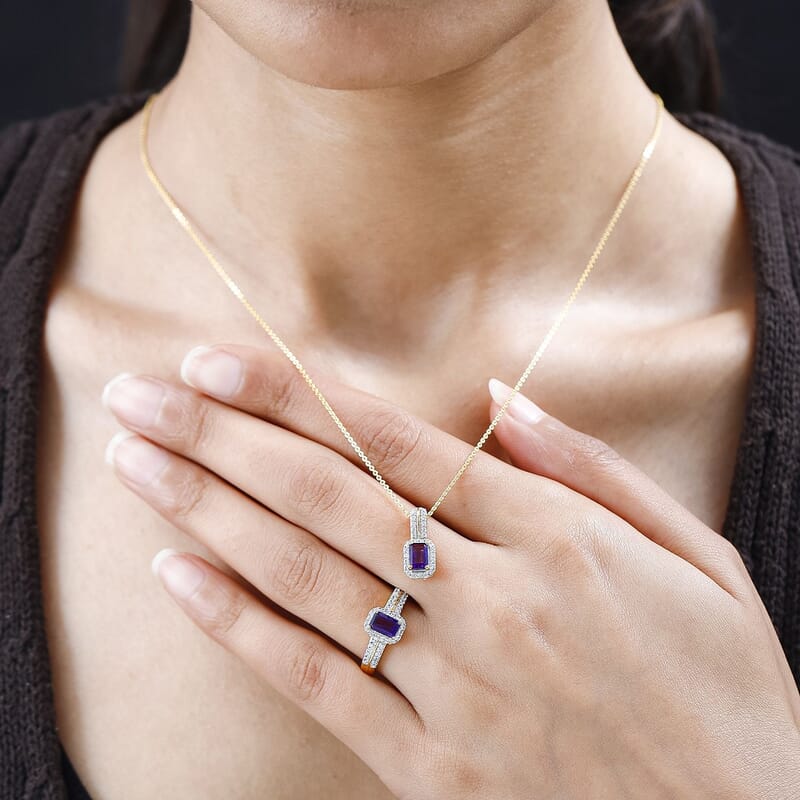 African Amethyst, White Zircon Halo Ring (Size 5.0) and Pendant Necklace 20 Inches in Vermeil Yellow Gold Over Sterling Silver 1.70 ctw
