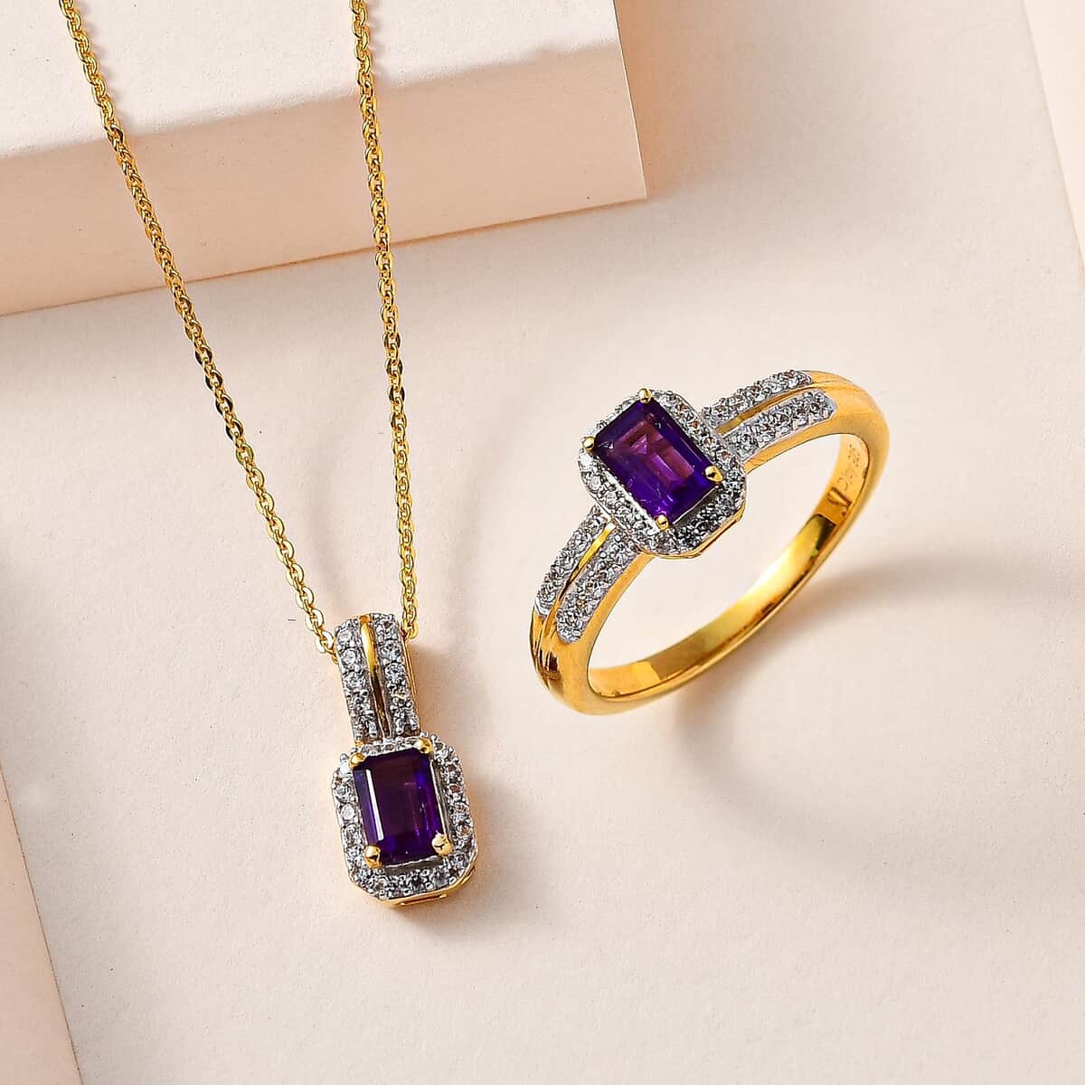 African Amethyst, White Zircon Halo Ring (Size 6.0) and Pendant Necklace 20 Inches in Vermeil Yellow Gold Over Sterling Silver 1.70 ctw image number 1