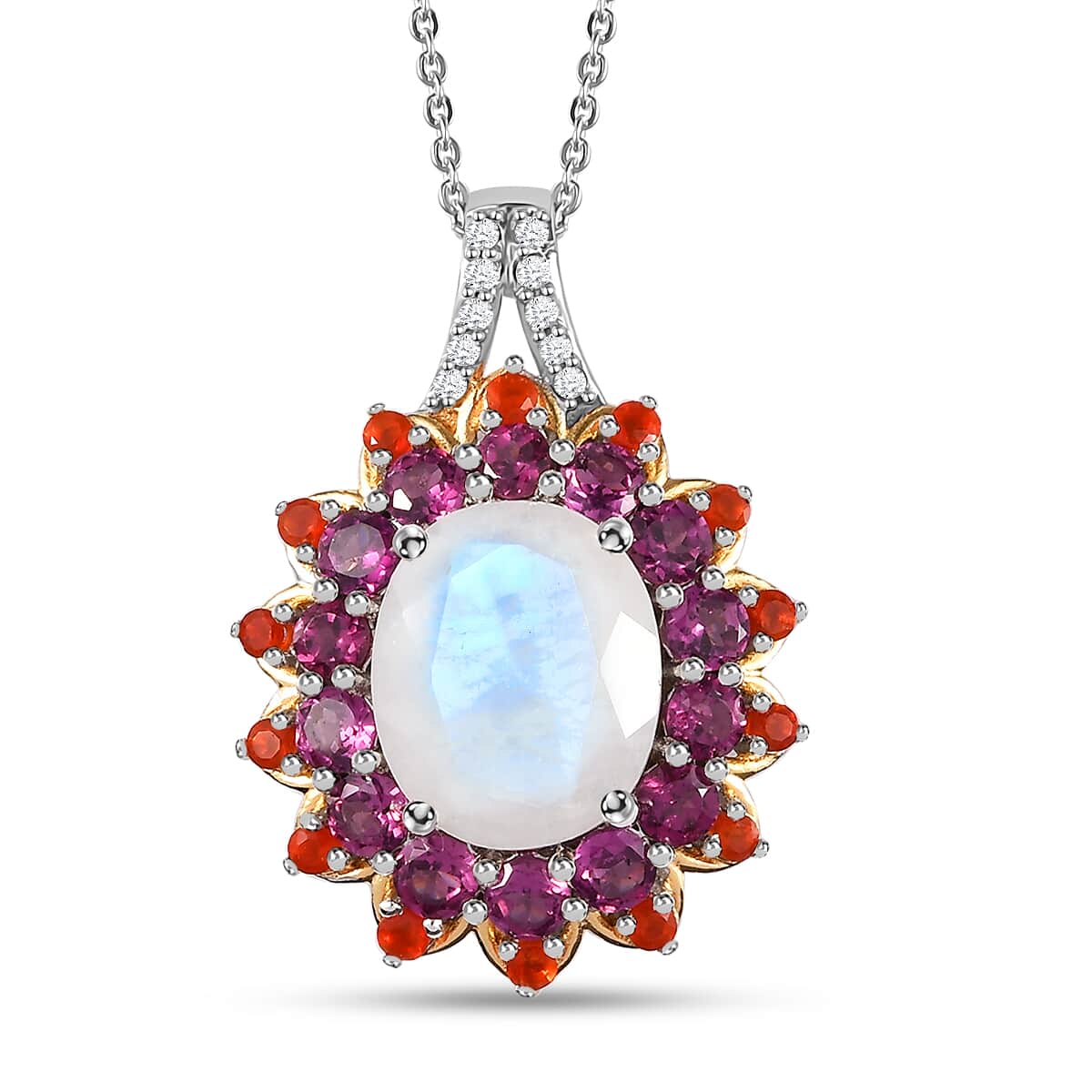 Premium Rainbow Moonstone and Multi Gemstone Floral Pendant Necklace 20 Inches in Vermeil YG and Platinum Over Sterling Silver 7.40 ctw image number 0