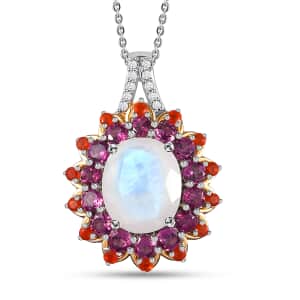 Premium Rainbow Moonstone and Multi Gemstone Floral Pendant Necklace 20 Inches in Vermeil YG and Platinum Over Sterling Silver 7.40 ctw