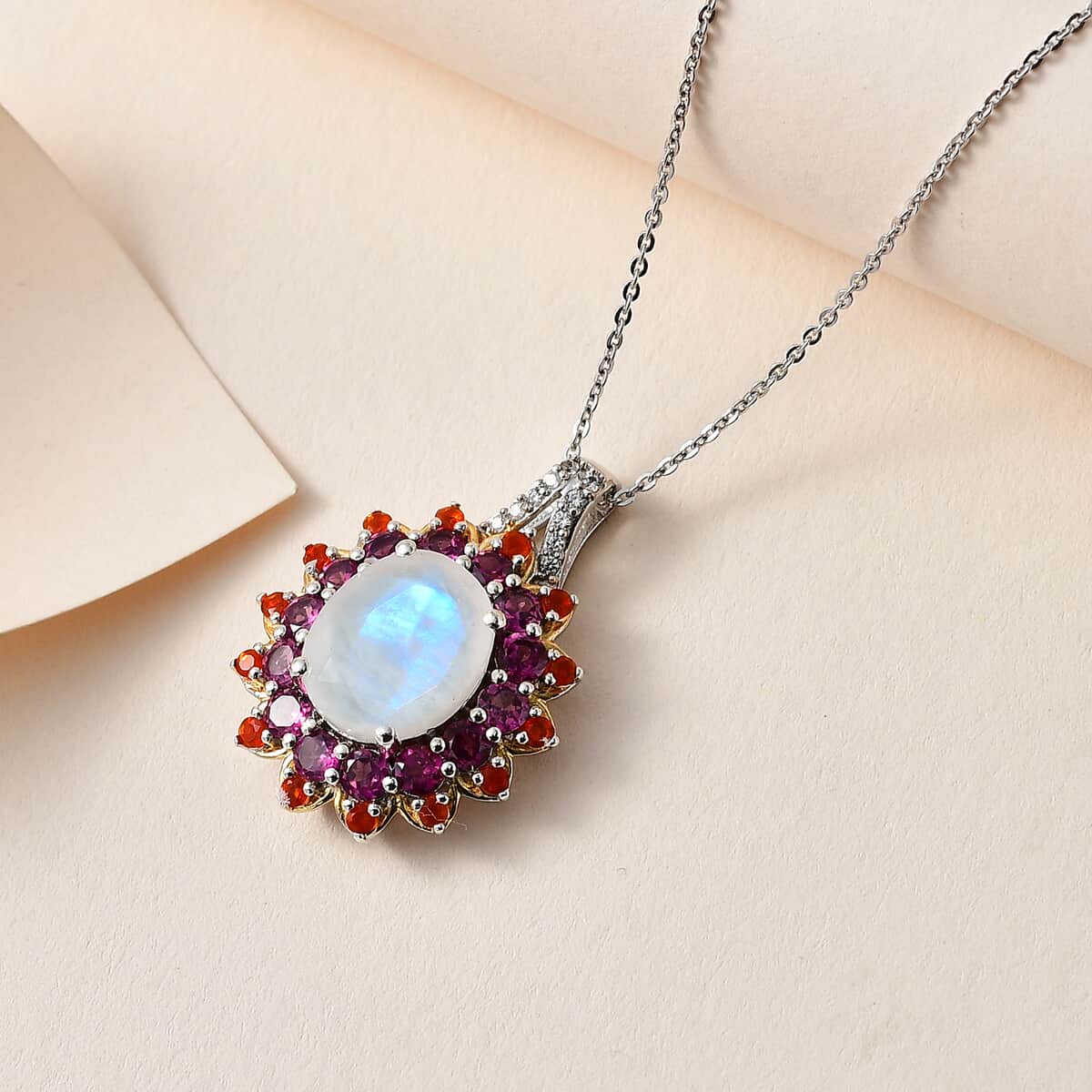 Premium Rainbow Moonstone and Multi Gemstone Floral Pendant Necklace 20 Inches in Vermeil YG and Platinum Over Sterling Silver 7.40 ctw image number 1