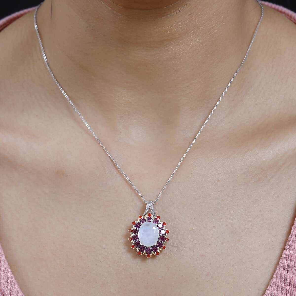 Premium Rainbow Moonstone and Multi Gemstone Floral Pendant Necklace 20 Inches in Vermeil YG and Platinum Over Sterling Silver 7.40 ctw image number 2