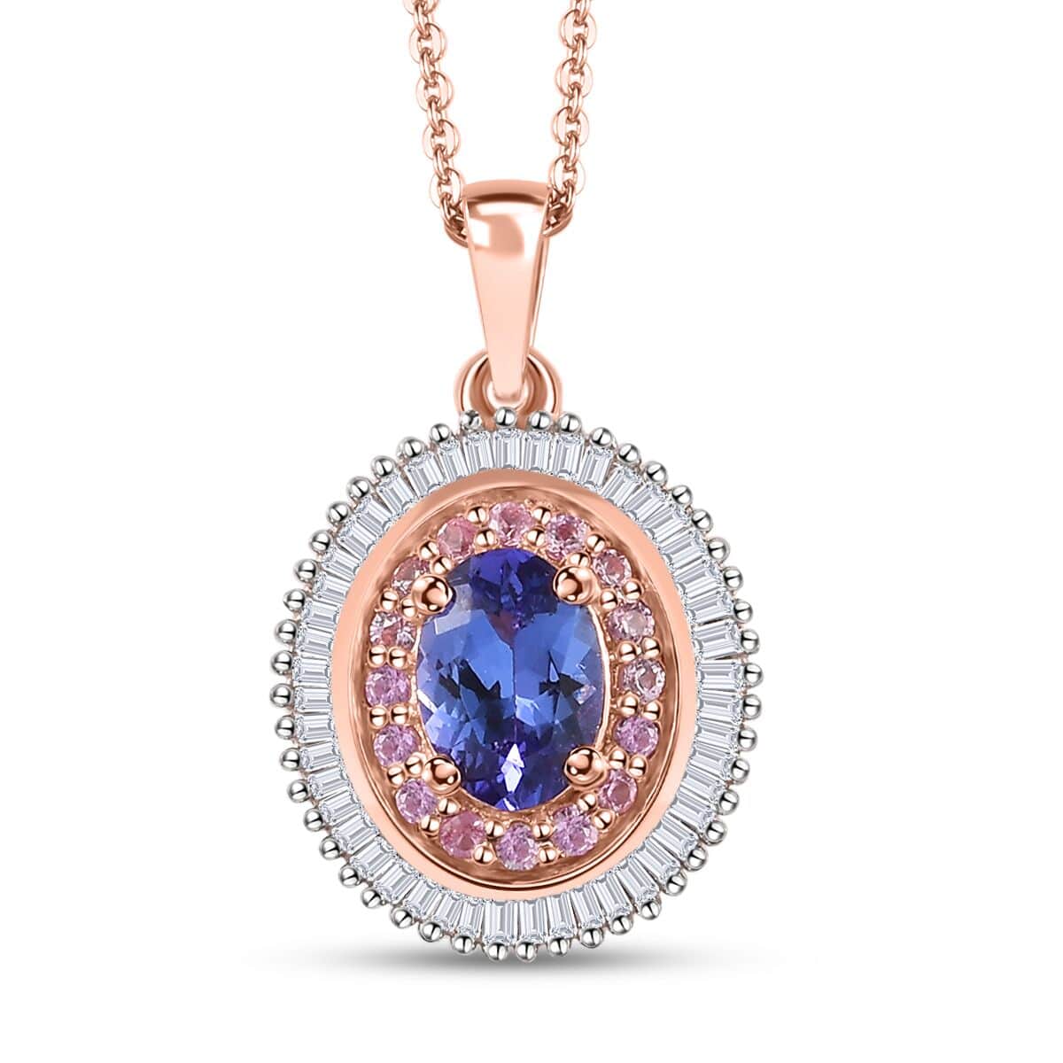 AAA Tanzanite, Madagascar Pink Sapphire and Diamond Double Halo Pendant Necklace 20 Inches in Vermeil Rose Gold Over Sterling Silver 1.50 ctw image number 0
