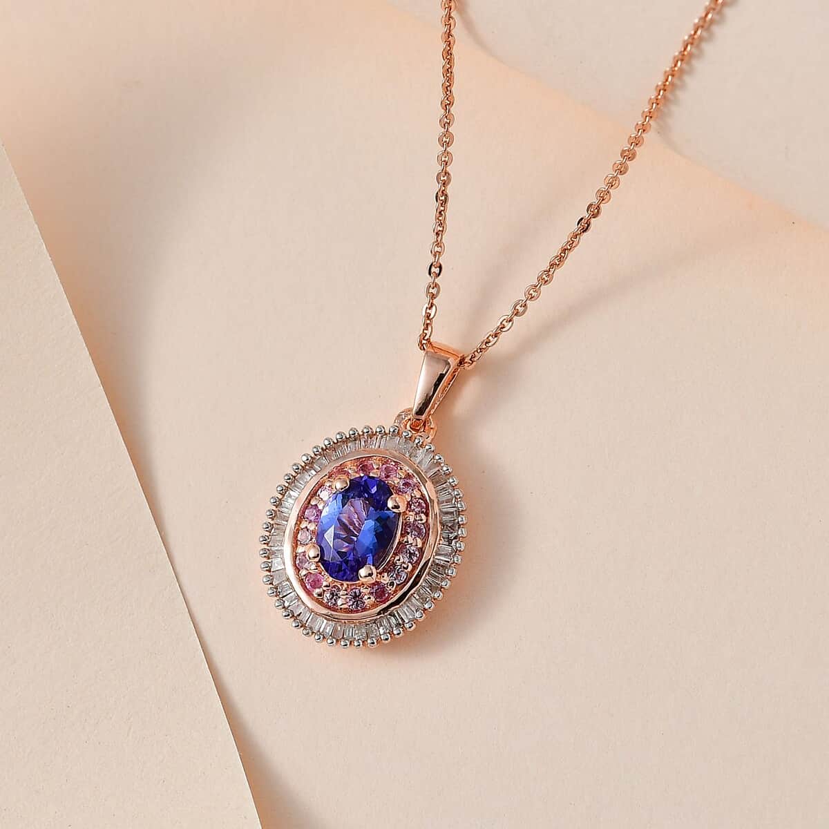 AAA Tanzanite, Madagascar Pink Sapphire and Diamond Double Halo Pendant Necklace 20 Inches in Vermeil Rose Gold Over Sterling Silver 1.50 ctw image number 1