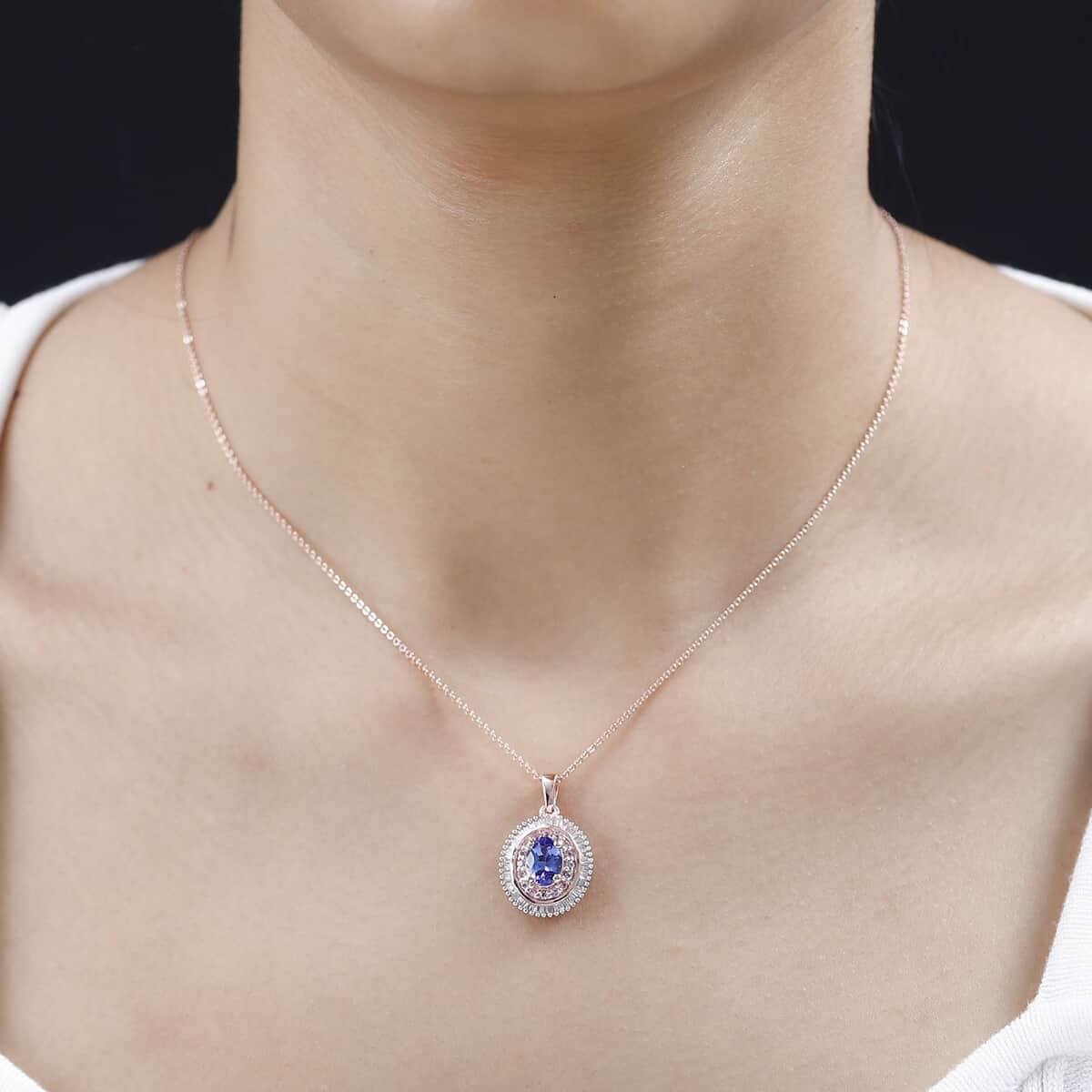 AAA Tanzanite, Madagascar Pink Sapphire and Diamond Double Halo Pendant Necklace 20 Inches in Vermeil Rose Gold Over Sterling Silver 1.50 ctw image number 2