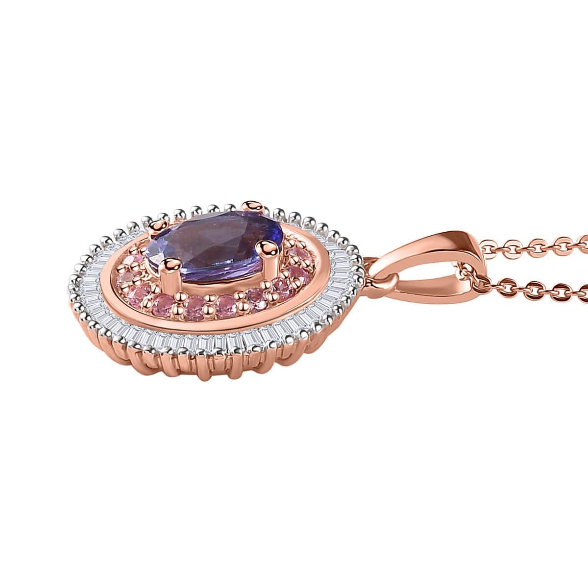 AAA Tanzanite, Madagascar Pink Sapphire and Diamond Double Halo Pendant Necklace 20 Inches in Vermeil Rose Gold Over Sterling Silver 1.50 ctw image number 3