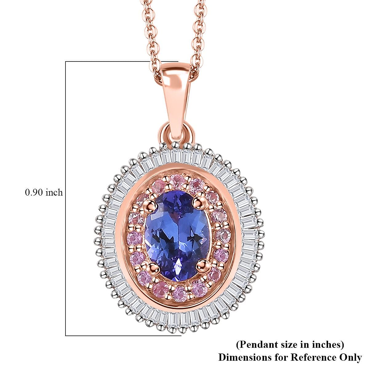 AAA Tanzanite, Madagascar Pink Sapphire and Diamond Double Halo Pendant Necklace 20 Inches in Vermeil Rose Gold Over Sterling Silver 1.50 ctw