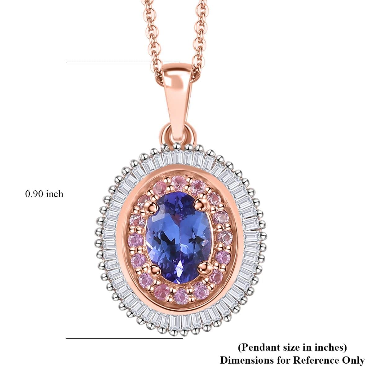 AAA Tanzanite, Madagascar Pink Sapphire and Diamond Double Halo Pendant Necklace 20 Inches in Vermeil Rose Gold Over Sterling Silver 1.50 ctw image number 6