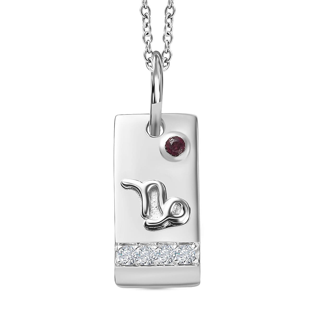 Orissa Rhodolite Garnet and Moissanite Capricorn Zodiac Pendant Necklace 20 Inches in Platinum Over Sterling Silver 0.15 ctw