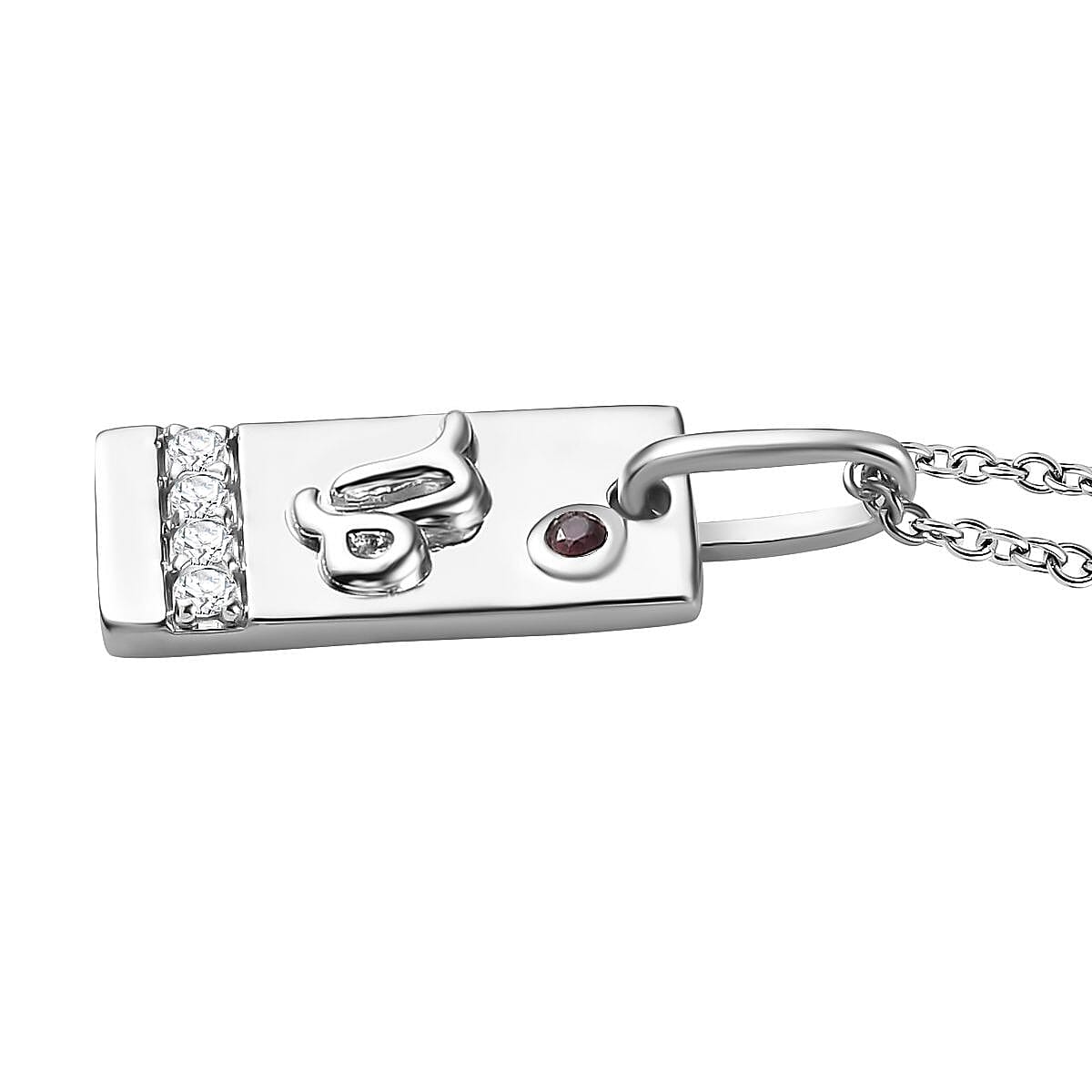 Orissa Rhodolite Garnet and Moissanite Capricorn Zodiac Pendant Necklace 20 Inches in Platinum Over Sterling Silver 0.15 ctw