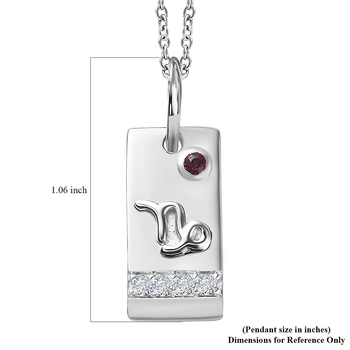 Orissa Rhodolite Garnet and Moissanite Capricorn Zodiac Pendant Necklace 20 Inches in Platinum Over Sterling Silver 0.15 ctw