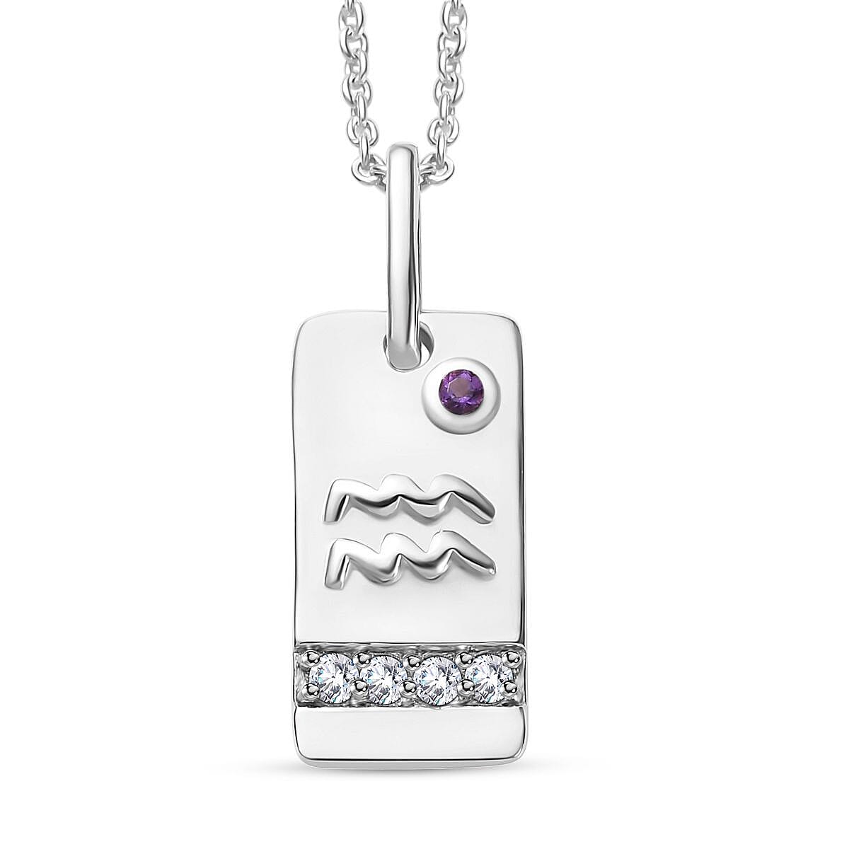 Mother’s Day Gift African Amethyst and Moissanite Aquarius Zodiac Medallion Pendant Necklace 20 Inches in Platinum Over Sterling Silver 0.20 ctw image number 0