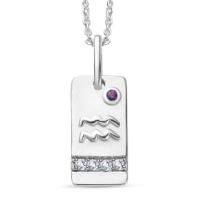 Mother’s Day Gift African Amethyst and Moissanite Aquarius Zodiac Medallion Pendant Necklace 20 Inches in Platinum Over Sterling Silver 0.20 ctw