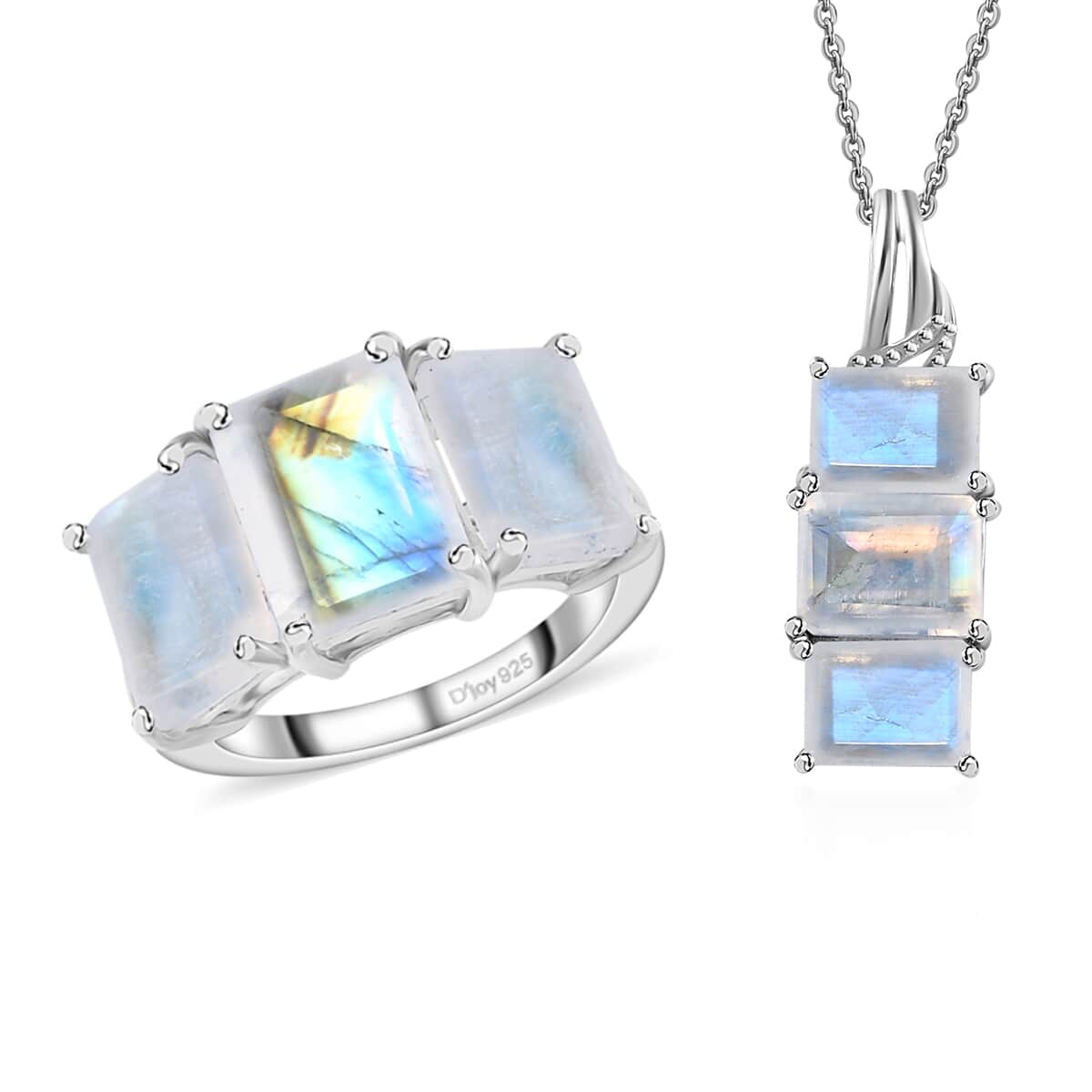 Premium Rainbow Moonstone 3 Stone Ring (Size 10.0) and Pendant Necklace 20 Inches in Platinum Over Sterling Silver 10.85 ctw image number 0