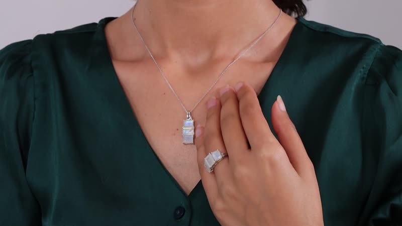 Premium Rainbow Moonstone 3 Stone Ring (Size 10.0) and Pendant Necklace 20 Inches in Platinum Over Sterling Silver 10.85 ctw